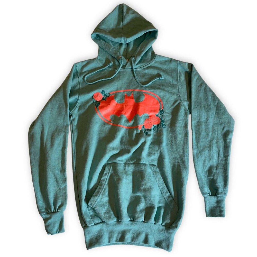 Six Flags Batman Hoodie Mens XS‎ Teal 2015 Souvenir Logo DC Comics Pullover